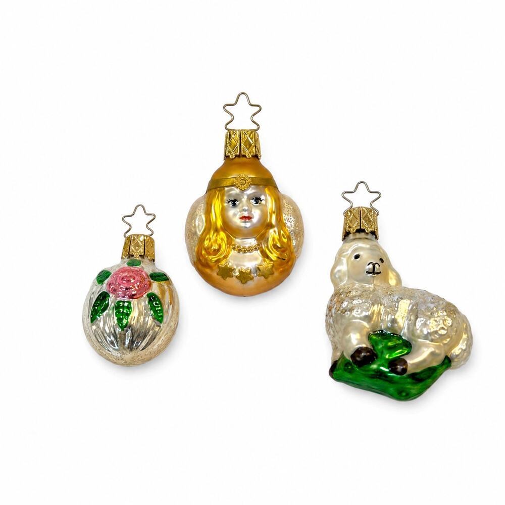 Vintage Inge-Glas German Glass Christmas Ornaments Angel Lamb Floral Set